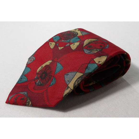 Vtg Montagu Mens Silk Neck Tie Abstract Shapes Red Geometric USA Art Deco - Picture 2 of 9